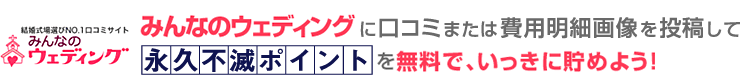 みんなのウェディングに口コミまたは費用明細画像を投稿して永久不滅ポイントを無料で、いっきに貯めよう!