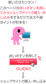 使い方は簡単!このページの赤いボタンを押してからショップサイトで購入・申し込みをするだけで永久不滅ポイントが貯まる! 赤いボタンを押して→ショップサイトで購入・申し込み→
