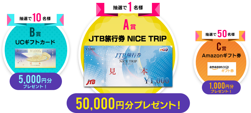 A JTBs NICE TRIP 50,000~v[gI^B UCMtgJ[h 5,000~v[gI^C AmazonMtg 1,000~v[gI