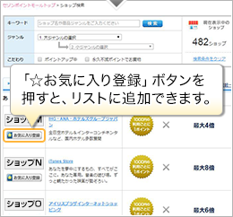 セゾンポイントモールサイトの各ページで、「お気に入り登録」ボタンをクリックすると、リストに登録できます。