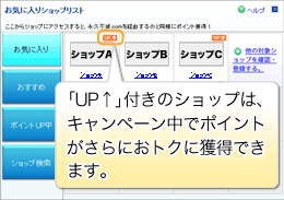 「UP↑」付きのショップは、キャンペーン中でポイントがさらにおトクに獲得できます。